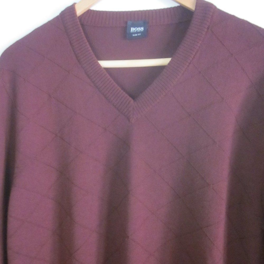 Hugo Boss Mens Sz XL Dark Burgundy Wool Pullover Fitted Sweater Lightweight Knit - Picture 9 of 16